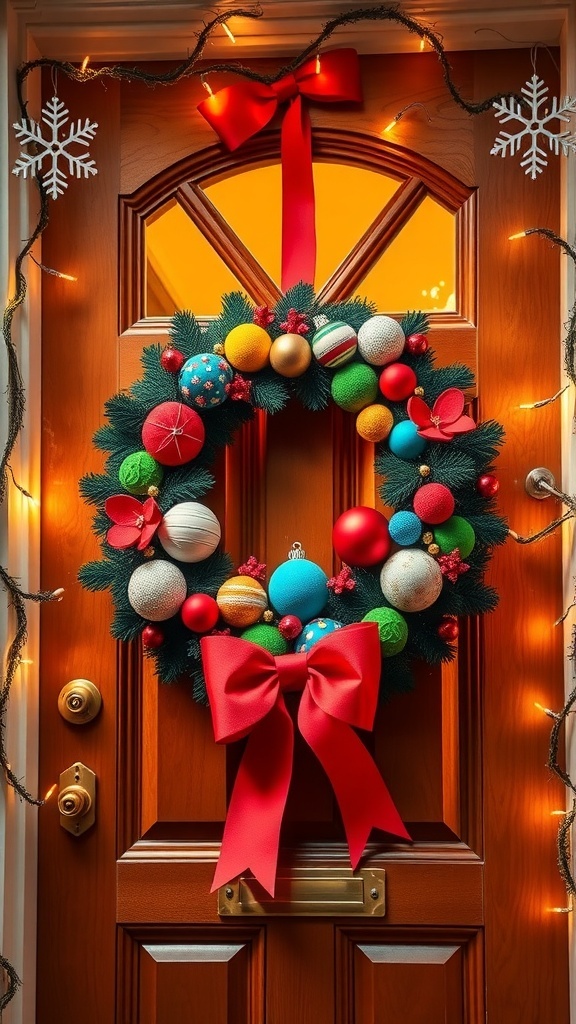 A front door decorated with a colorful 3D Christmas wreath and festive ornaments.